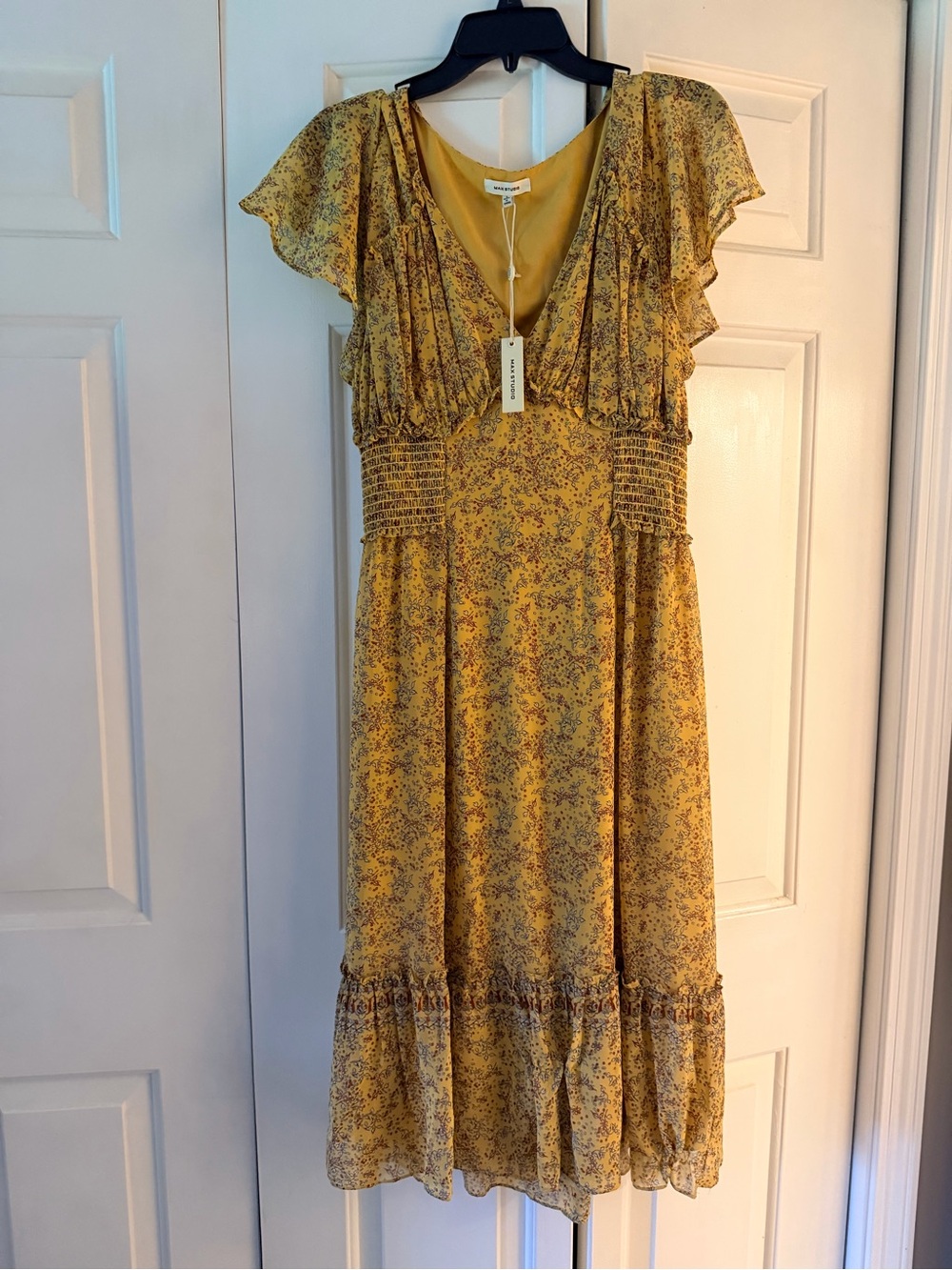 Max Studio Mustard Floral V-Neck Midi Dress with Flutter Sleeves